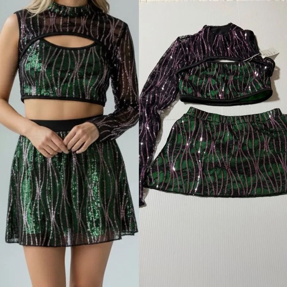 Glamour solo dance costume 2 piece green sequin lace TJ4150 Disturbia LC child